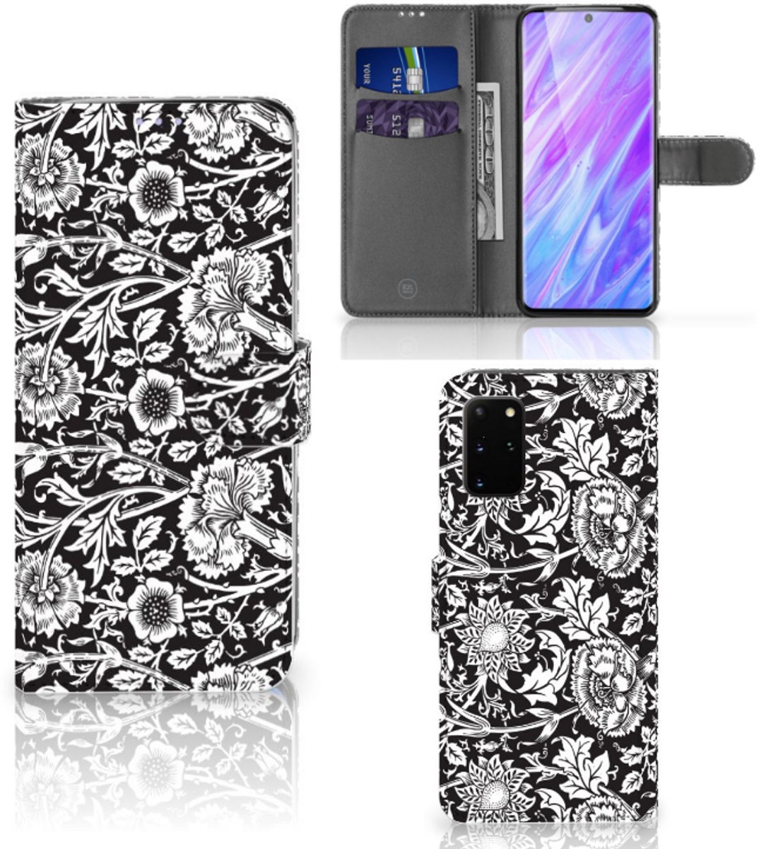 Book Case voor Samsung Galaxy S20 Plus Hoesje Black Flowers