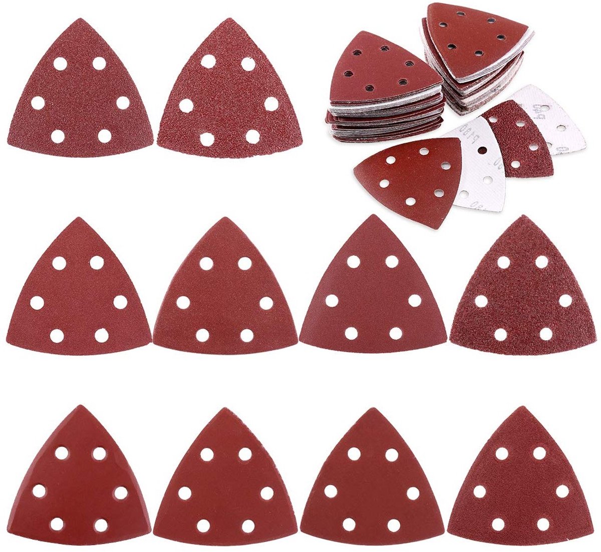 100 Stuks 90mm Triangle Muizen Schuurpapier met Haak en Loope, Assortiment van 40 tot 1000 Grit voor Excentrische Schuurmachine (6 Gaten)