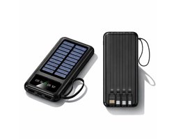 Tech Essentials Pocket Mini Solar Powerbank 10000 mAh – Met Ingebouwde Kabels – USB-C – Op Zonneenergie – Zonnepaneel – Oplader – Nood – Zwart
