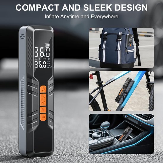 Fietspomp - Fietspomp elektrisch - Elektrische luchtpomp - Draagbare luchtcompressor voor autobanden - LCD-scherm - 6000 mAh accu en LED-verlichting - Draadloze draagbare luchtcompressor voor auto's - Motoren - Fietsen en ballen — afbeelding 3