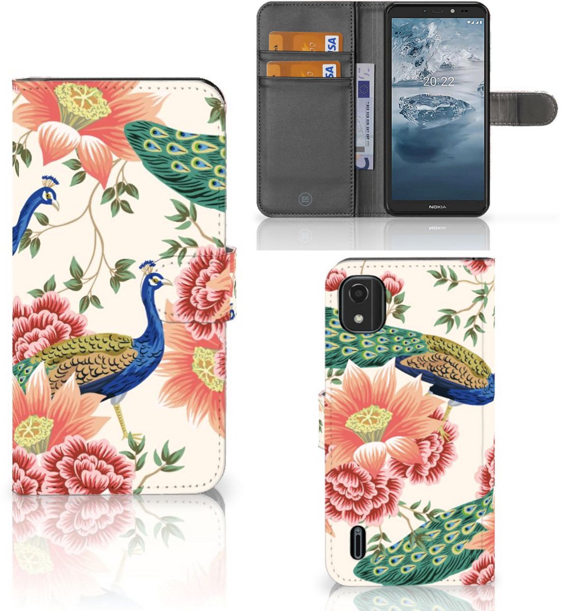 Telefoonhoesje met Pasjes voor Nokia C2 2nd Edition Pink Peacock