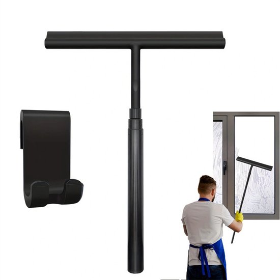 REWYTAZ-Douche trekker - Telescopisch Uitschuifbare Douchewisser - Vloertrekker - Ruitenwasser - Glazenwasser - Met Ophanghaak, Telescoopstang - Siliconen Ramenwisser - Voor badkamers, glas en vloeren - Zwart - 28 x 137CM