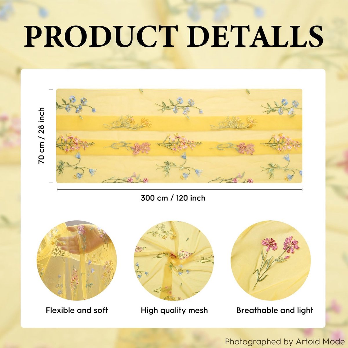 Tafelloper - Tafelkleed runner - Tafeldecoratie - Borduursel wilde bloemen - 70 x 300 cm - Geel