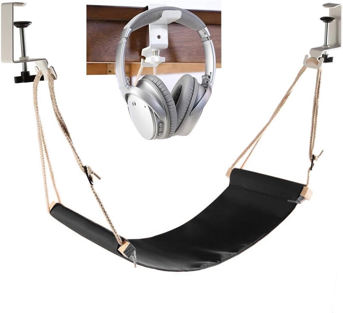 Voethangmat bureau - Voetsteun hangmat - Ontspannen benen en voeten - Ingebouwde hoofdtelefoonhouder - 60 x 17 cm - Grijs