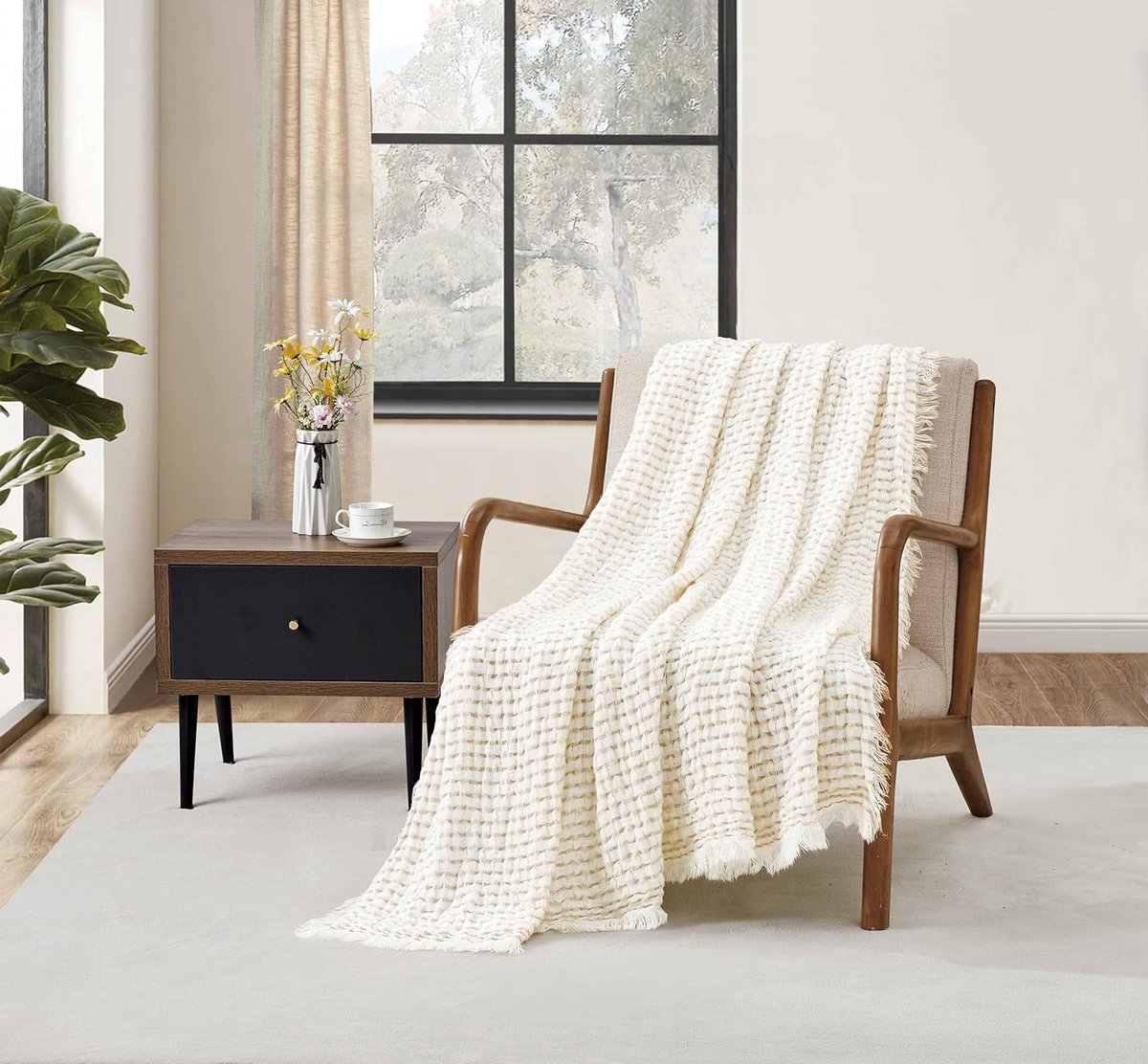 Zachte ademende wafel deken van 50"X60" voor bank, stoel en bed - ideaal voor buitengebruik en reizen (Ivory)