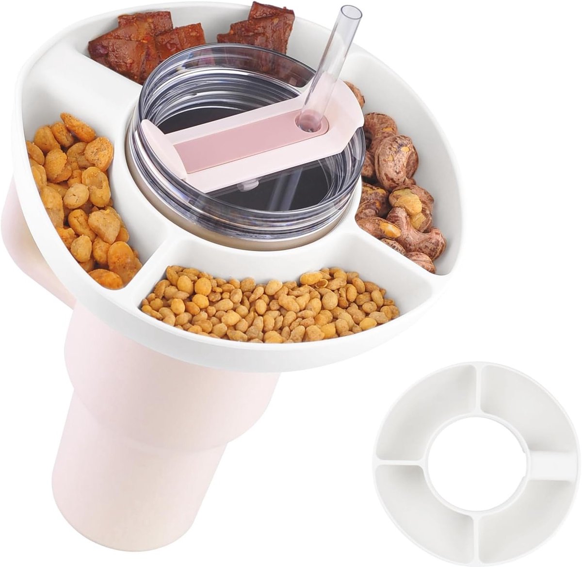 Snack Bowl voor 40 oz - Silicone Snack Tray met 4 Compartimenten - Herbruikbare Snackhouder voor Snoep, Cracker en Snacks (Wit)