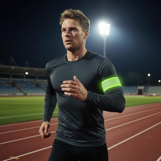 Man hardlopend op een atletiekbaan 's nachts, draagt reflecterende band om zijn bovenarm.