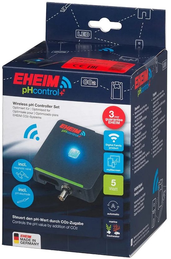 Doos van de EHEIM pHcontrol+e draadloze pH controller set met CO2-systeem, met 3 jaar garantie.