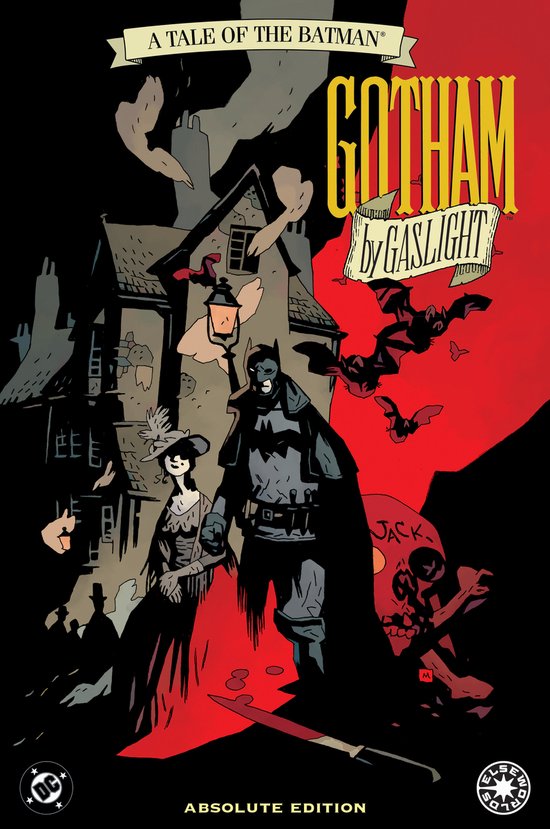 Affiche van Batman: Gotham by Gaslight, Absolute Edition. Batman met een vriendin staan voor een Victoriaans huis met vleermuizen.