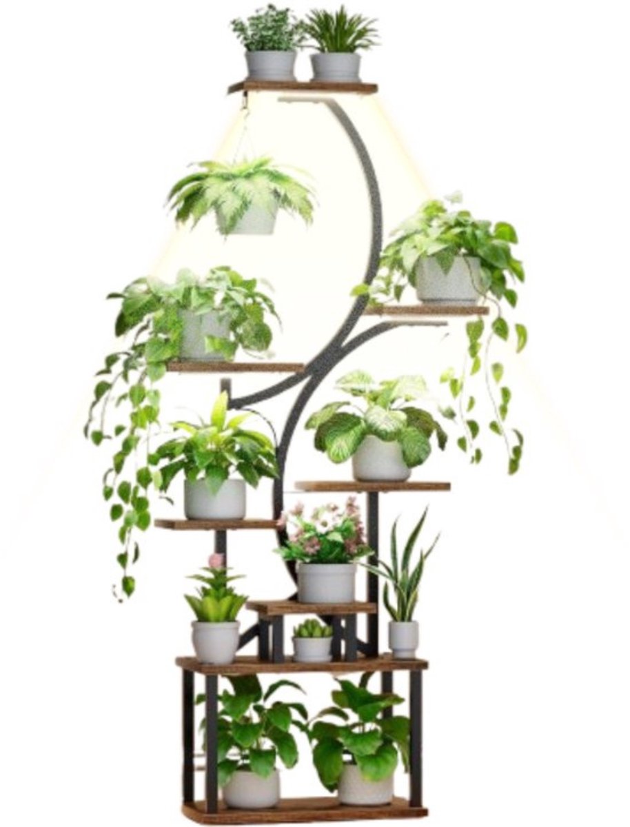 Thuys - Plantenstandaard met Kweeklamp - Plantentafel voor Binnen - Plantenzuil - Plantenrek - 8 lagen
