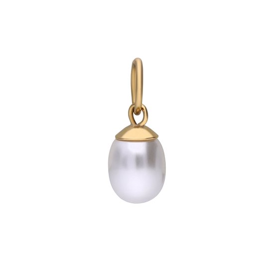Pendentif doré avec une perle blanche en forme de poire.