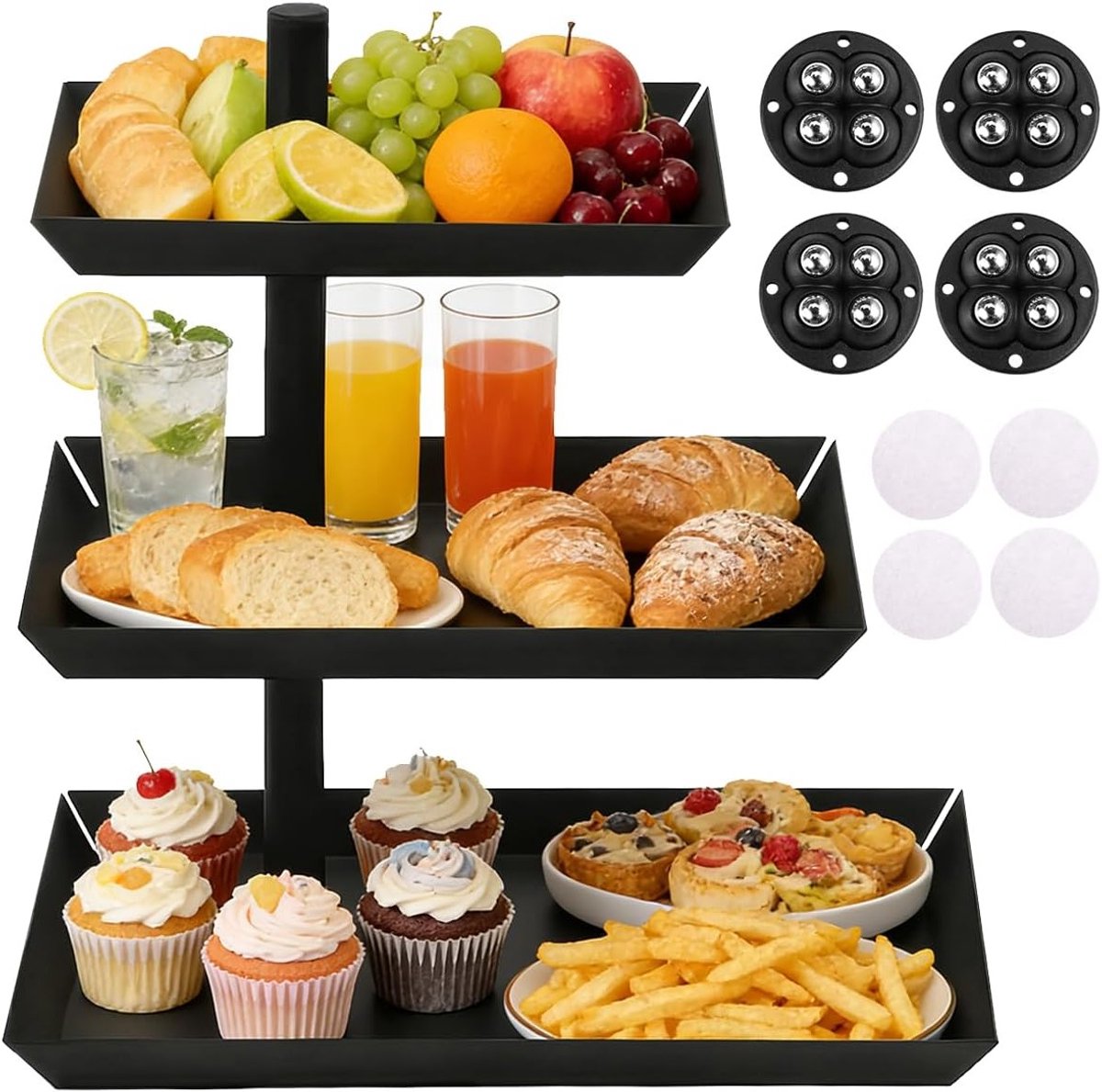 Elegante 3-laagse fruitstandaard met 360° draaiplateau, wielen en zelfklevende basis voor desserts en snacks, 24.7 x 15.7 x 26.6 cm