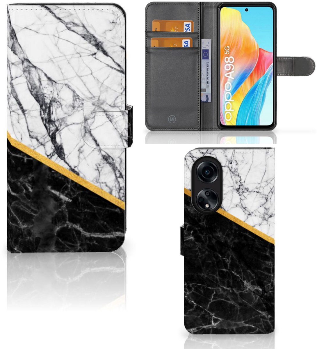 OPPO A98 5G Bookcase Marmer Wit Zwart - Origineel Cadeau Man