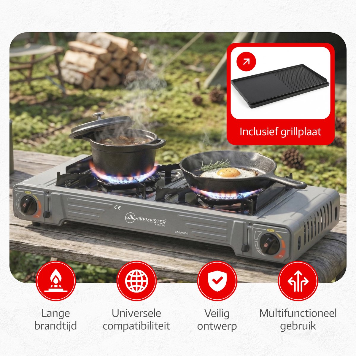 Hikemeister® Dubbel Camping Kooktoestel 2 Pits – 2x 2.2 kW – Inclusief 12 Gasbussen & Grillplaat – Draagbaar Gasstel – Butaangas Kookplaat – Campingkooktoestel - Met Koffer – Grijs — cadeau in Sport & Outdoor - foto 4