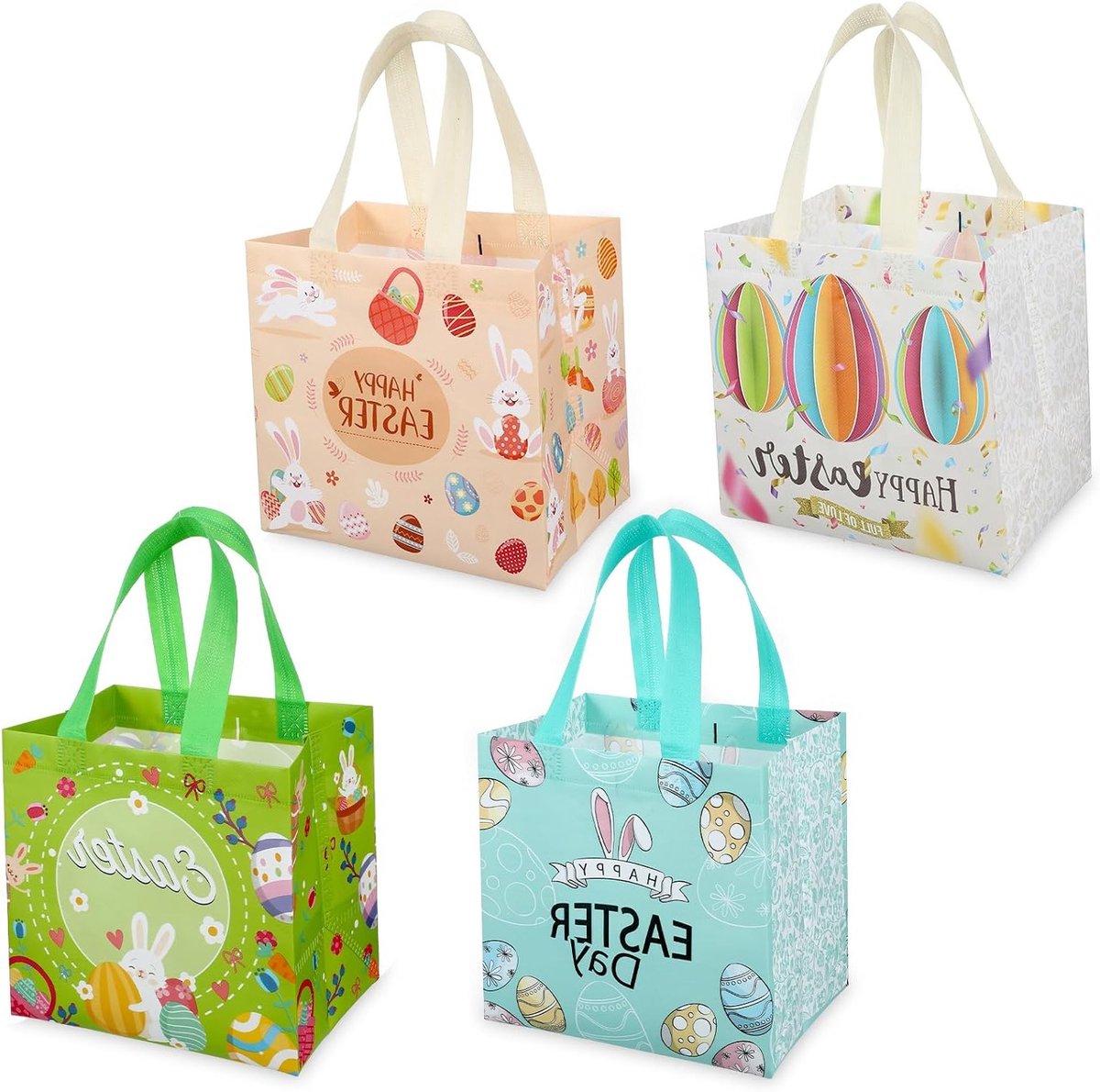 Set van 4 Herbruikbare Paastassen met Handvatten, Schattige Konijn Motieven, Perfect voor Eieren Jagen, Cadeauverpakking en Feestfavorieten