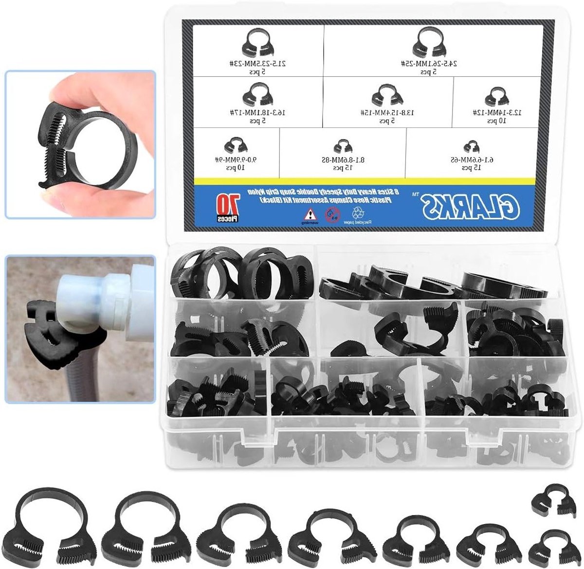 Set van 70 zware zwarte nylon slangklemmen in 8 maten, geschikt voor diverse toepassingen, 6.6-27.2mm