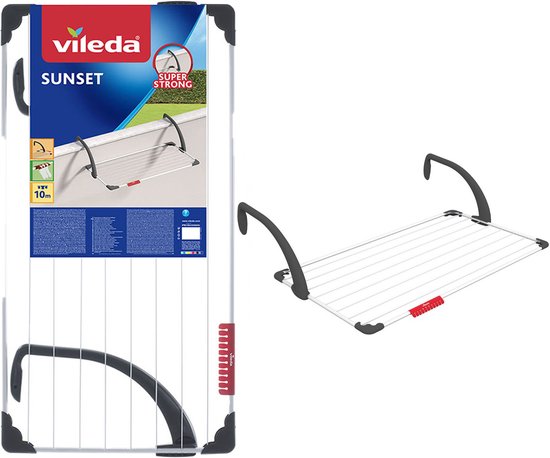 Emballage et photo produit de l'étendoir à linge pour balcon Vileda SUNSET "SUPER STRONG", avec 10m de longueur de séchage.
