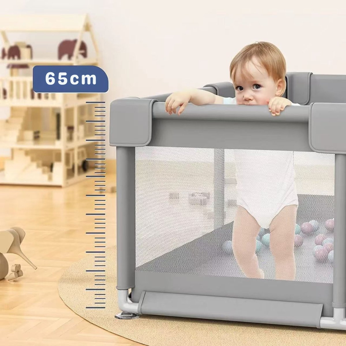 Livista Grondbox - Speelbox - Baby boxen - Kruipbox voor Baby - Playpen - Kinderbox - Met 4 trekring + 60 speelballen - 120 x 180 x 65cm - Grijs – foto 2