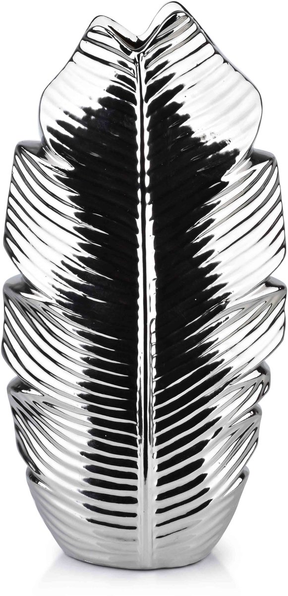 Mondex LEAF SILVER - Keramische Vaas - 7,5x17x35 cm - Zilver