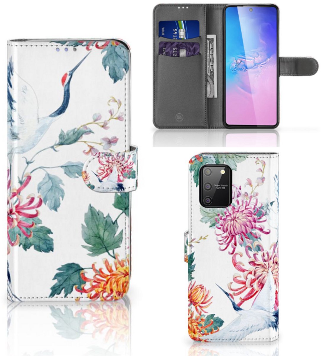 Samsung S10 Lite Telefoonhoesje met Pasjes Bird Flowers