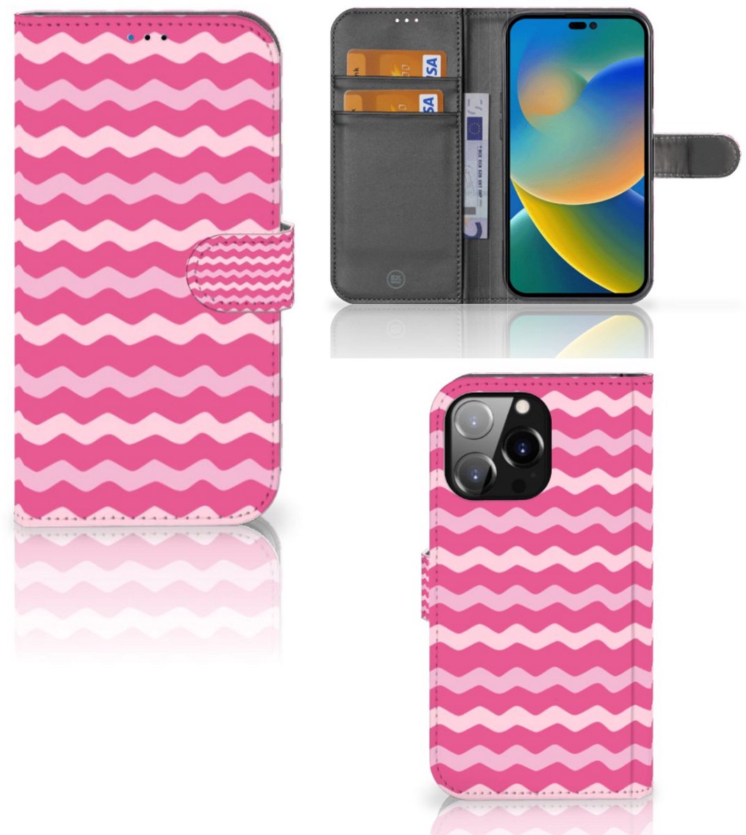 Boekhoesje voor iPhone 14 Pro Max Telefoon Hoesje Waves Pink