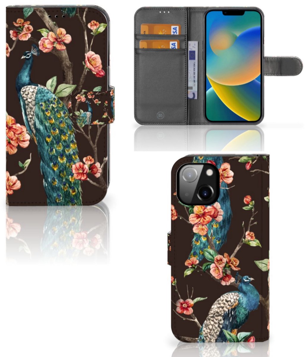 Apple iPhone 14 Telefoonhoesje met Pasjes Pauw met Bloemen