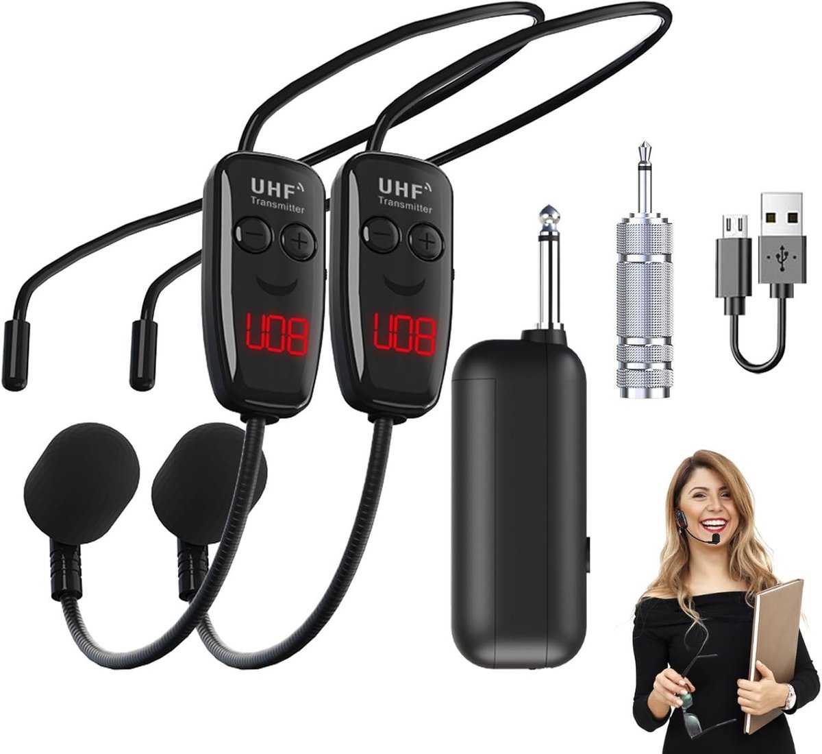 Draadloze Hoofdtelefoon Microfoon - UHF Headset Set - Presentaties en Lessen - Dubbele Microfoon Functionaliteit - 50 Meter Bereik - Zwart