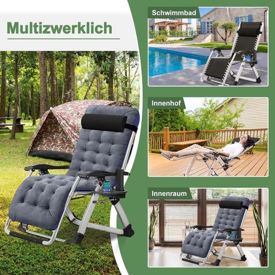 200KG Belastbaar Klapbare Ligstoel met Oplaag, Zitten en Liggen Tweedoelig Verstelbaar voor Woonkamer, Balkon, Strand of Zwembad (Grijze Pleuche) — afbeelding 4