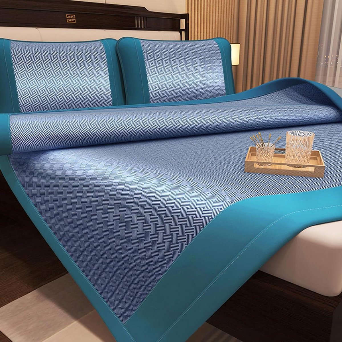 Zomer slaapmat - Koelmat rotan - Comfortabel slapen - Glad en ademend oppervlak - 180 x 220 cm - Blauw