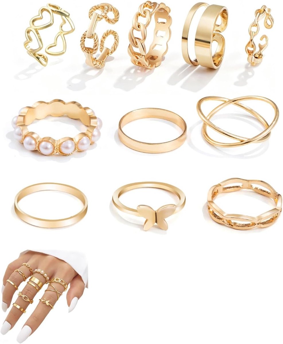 Dikke Gouden Ringen Set van RVS - 12 Stuks Verstelbare Minimalistische Stapelbare Ringen voor Elke Vinger en Gelegenheid