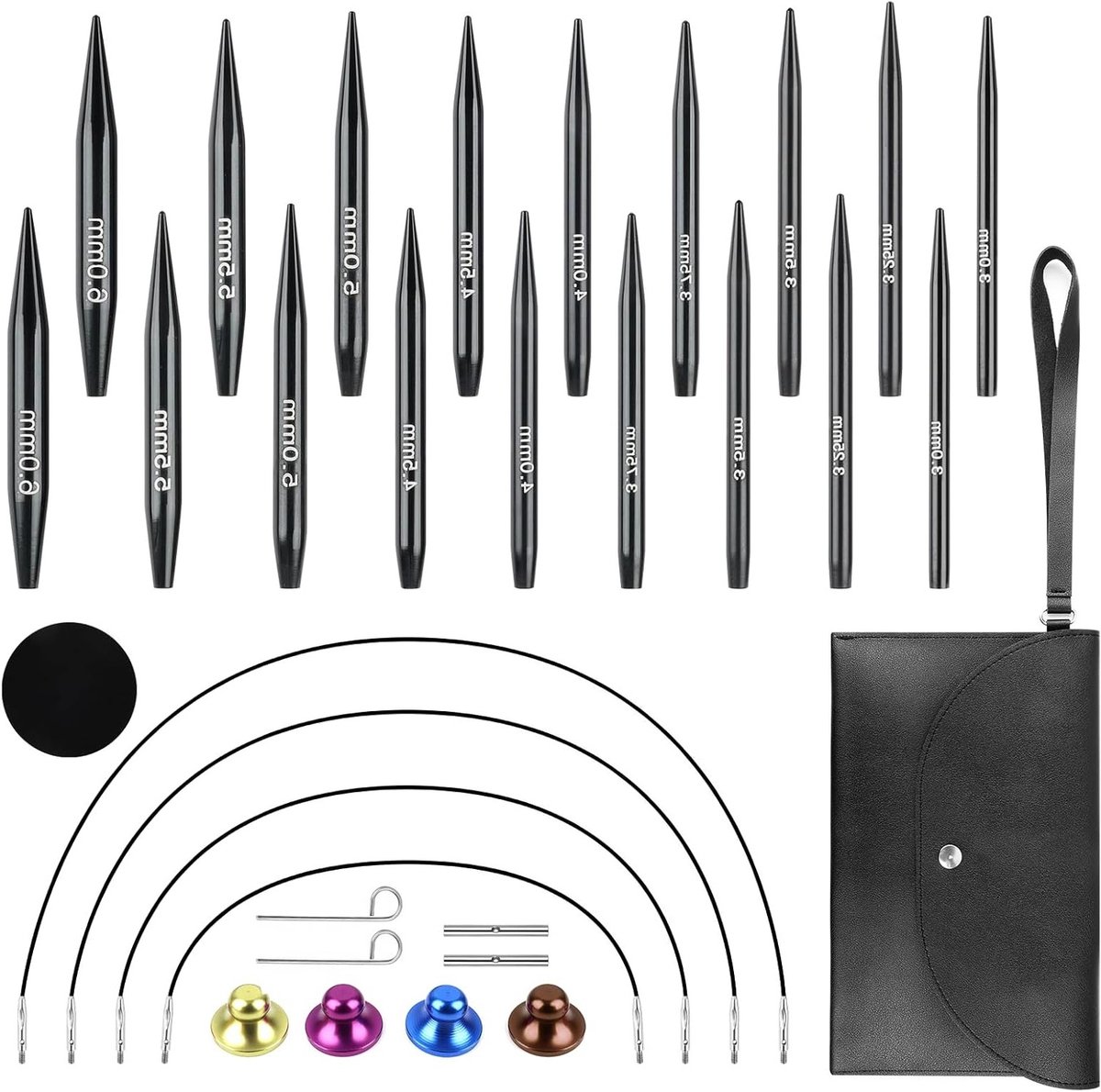 Complete Set Verwisselbare Rondbreinaalden, 3-6mm, 9 Paar Korte Breinaalden, Aluminium met Draaikabels, Ideaal voor Sokken en Breiprojecten, Inclusief Accessoires en Opbergdoos