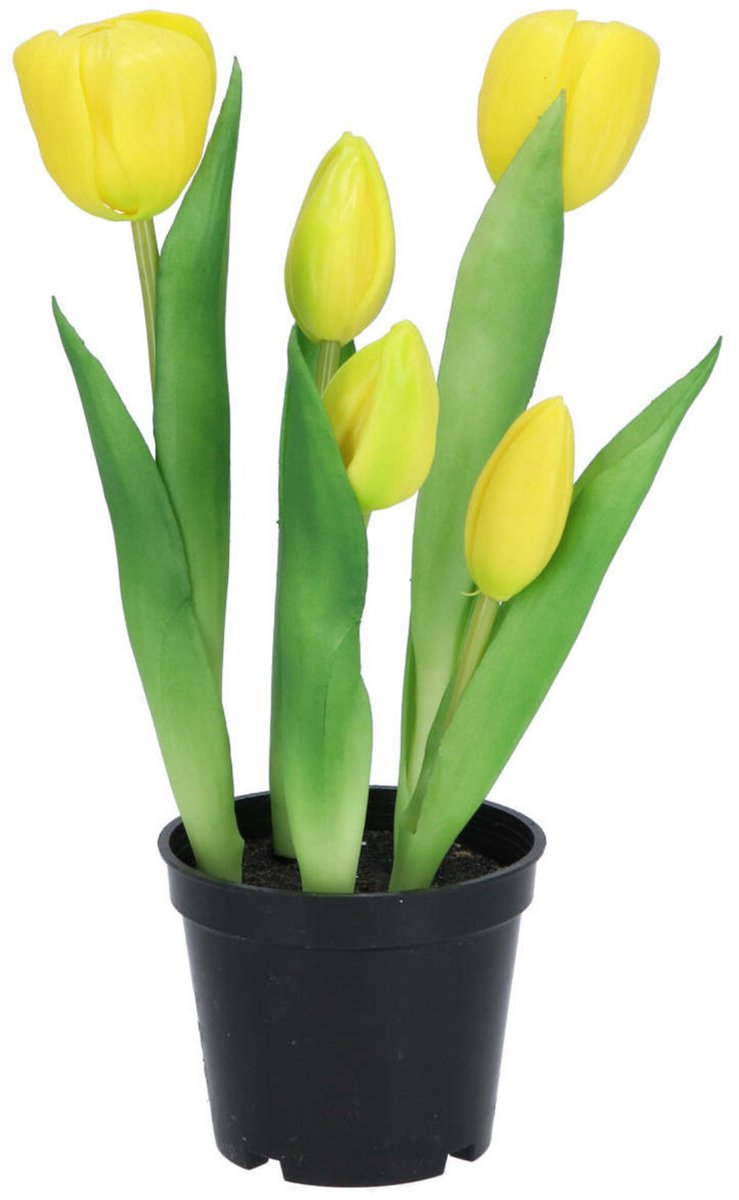 DK design Kunst tulpen Holland in pot - 5x stuks - geel - real touch - 26 cm - levensechte kunstbloemen