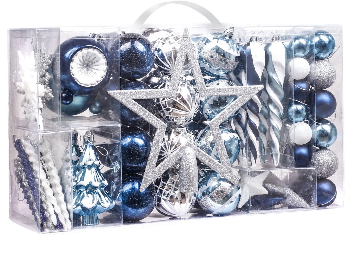 Valery Madelyn 100 Stuks Kerstballen 3-15cm in Wit en Blauw - Handgeschilderde Versieringen voor de Kerstboom