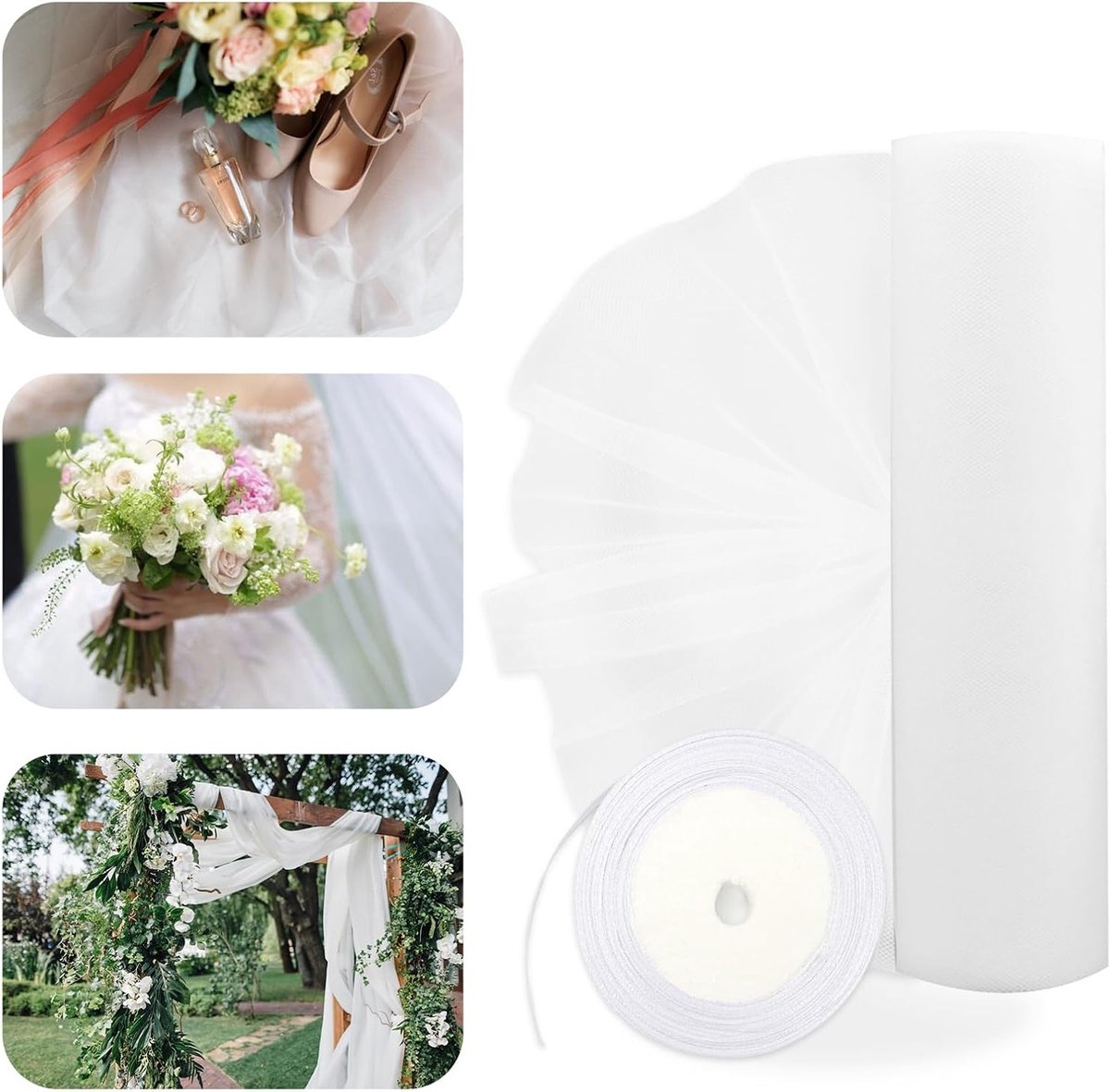 Tulle Rol van 48 cm x 10 m voor Decoratie, Tafellopers, Bruiloften en Creatieve Projecten met Wit Bandje