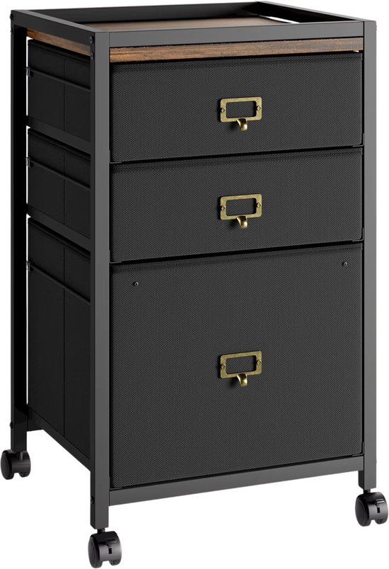Zwarte stoffen archiefkast met metalen frame en houten blad, met 3 lades, op wieltjes.