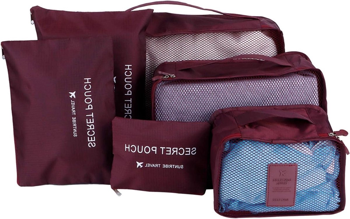 6-delige Reis Inpak Cubes Set voor Kleding - Bagage Organizer Tassen, Opbergbakken en Reisaccessoires voor Efficiënte Kledingorganisatie (Wijnrood)