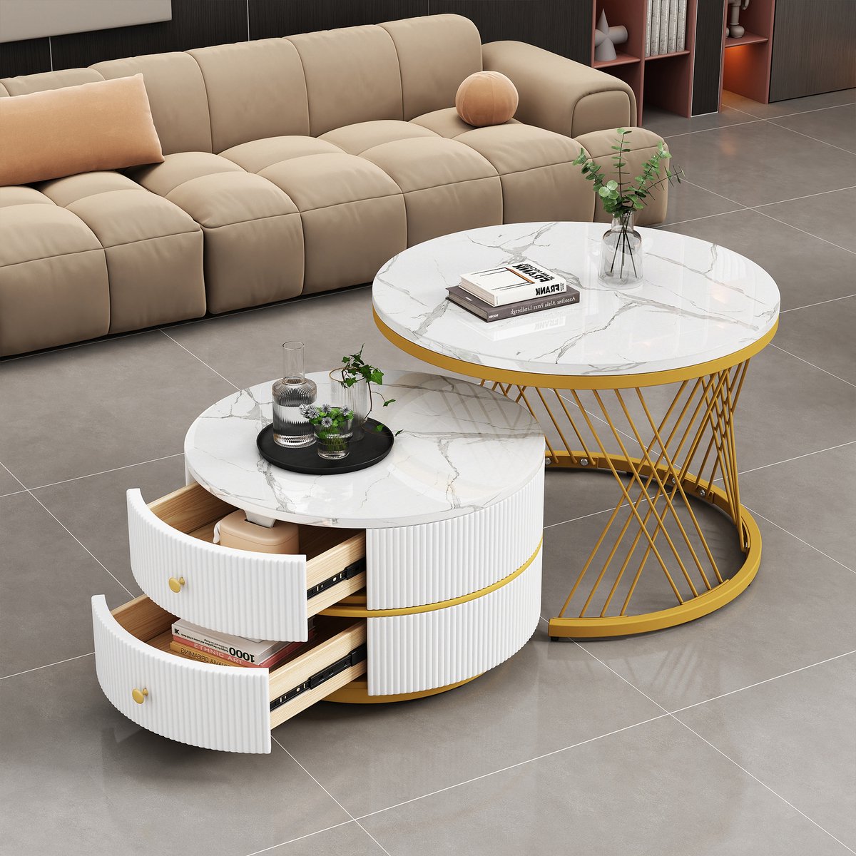 MODENUIT Salontafelset - 2 Ronde Tafels Met Laden - Voor Woonkamer - MDF Met Hoogglans Marmerlook - 60x60x46 Cm