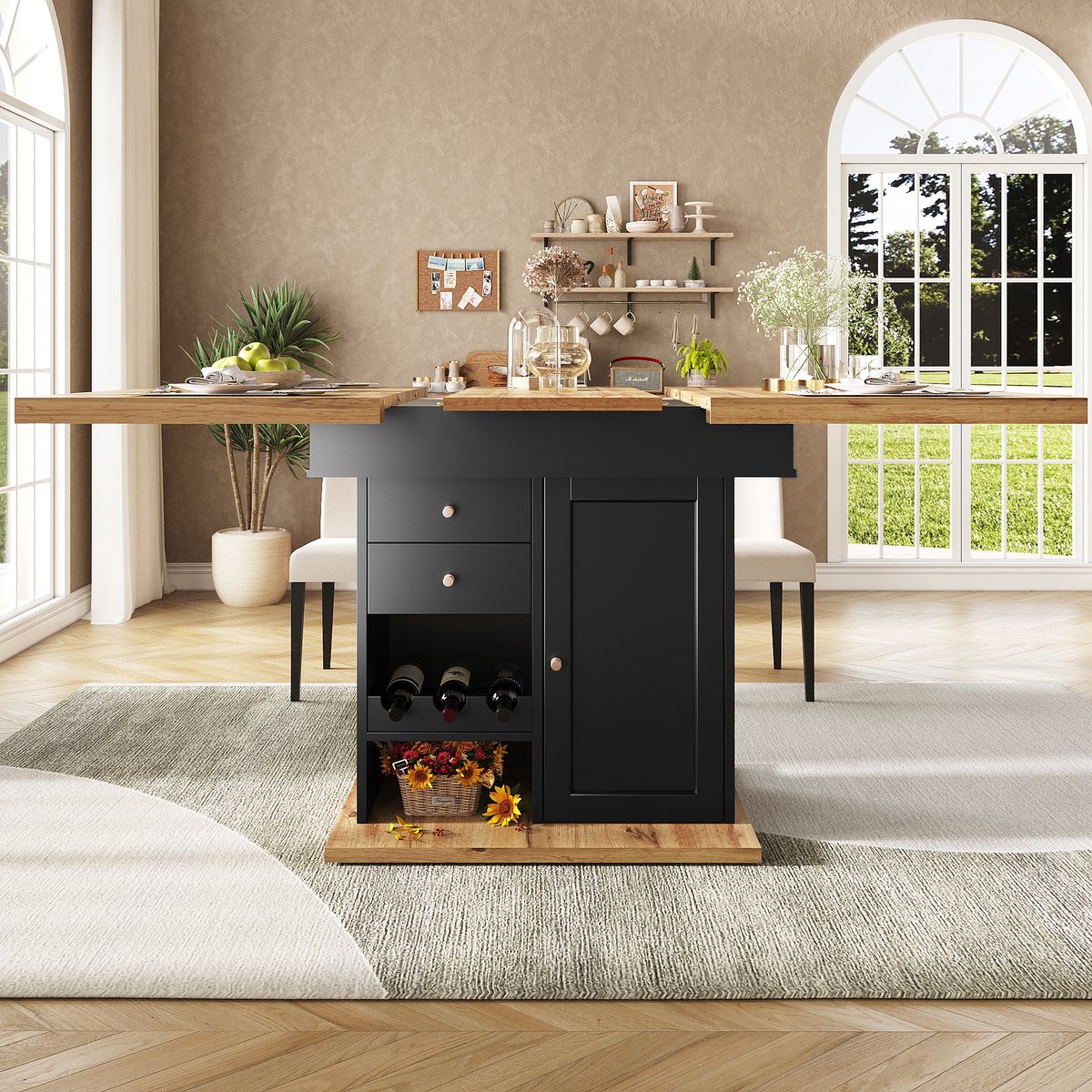 MODENUIT Eettafel - Uitschuifbaar Met Opbergruimte En Wijnrek - Voor Keuken En Woonkamer - MDF - 110-140x80x75 Cm Zwart