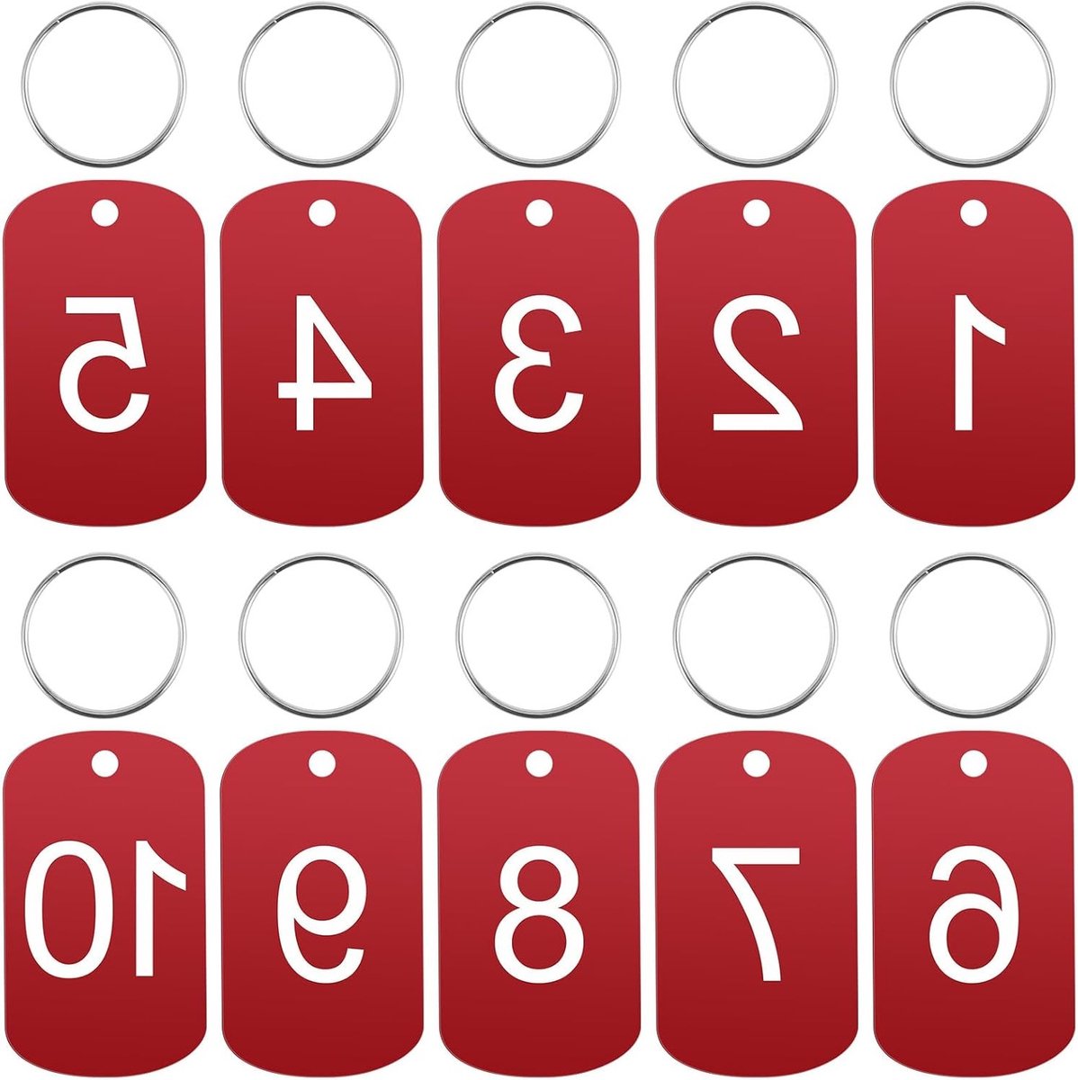 Set van 10 Aluminium Nummerplaten 1 tot 10 met Gaten, Gegraveerde Sleutelhangers en Nummer Tags voor Sleutels en Accessoires, Rood