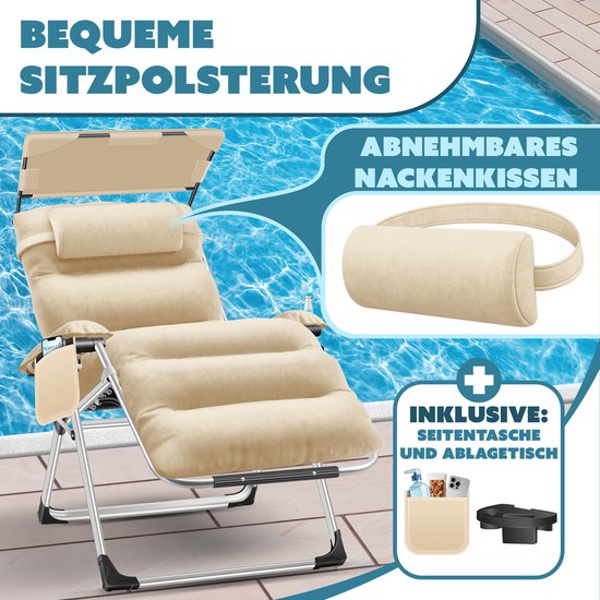 KESSER Luxe Ligstoel - Extra Breed & Comfortabel - Dikke Kussens, Armleuningen, Hoofdkussen, Bijzettafel & Opbergvakken - Ergonomisch & Antislip - Tuin of Balkon - Beige — afbeelding 2