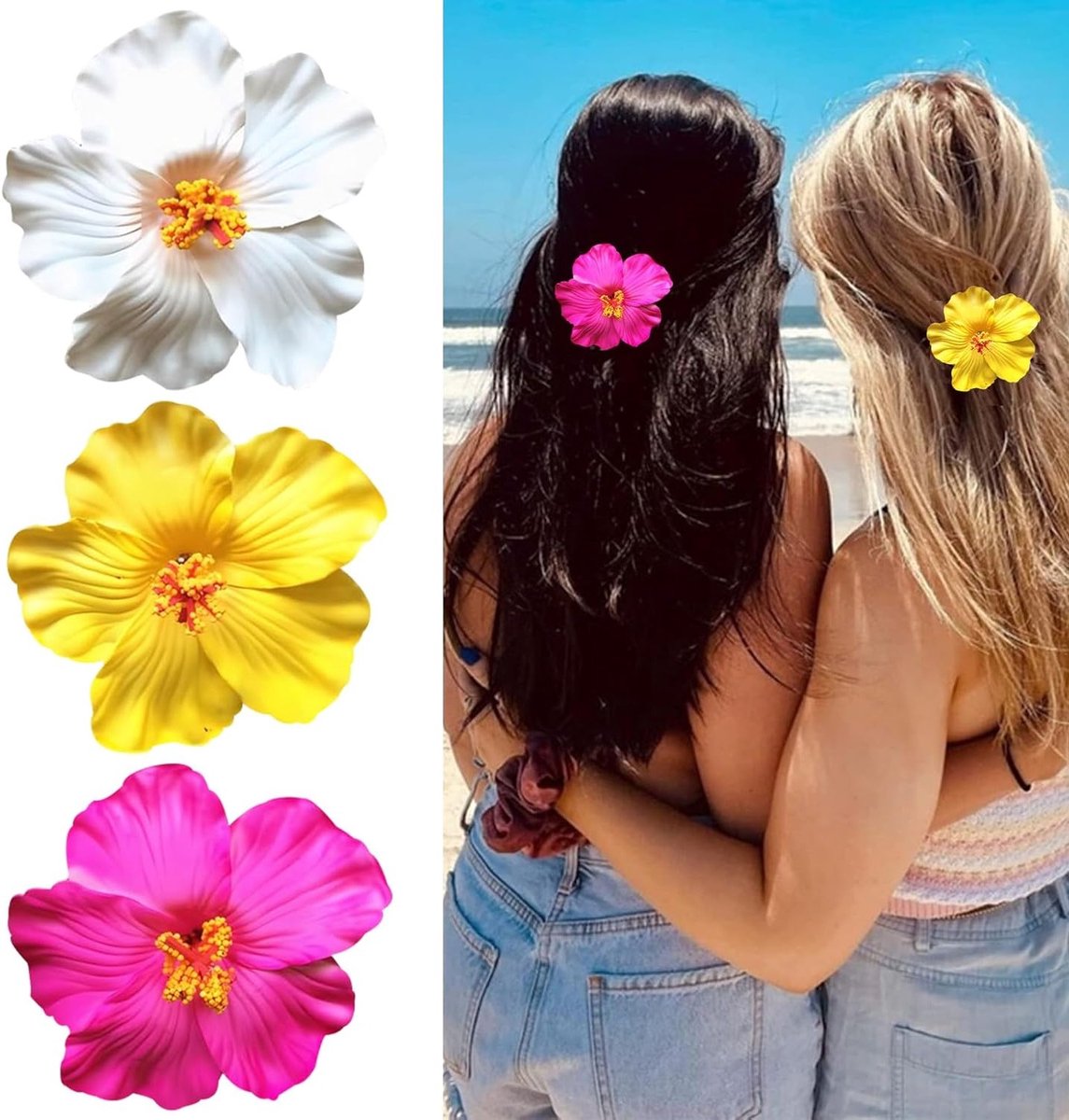 Hawaii Bloemen Haarclips voor Vrouwen - 3 Stuks Kunstbloemen voor Feest, Strand en Vakantie (Wit, Geel, Roze)