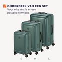 Drie donkergroene koffers van verschillende groottes (S, M, L) naast elkaar. Tekst: Onderdeel van een set, voor elke reis is er een passend formaat.
