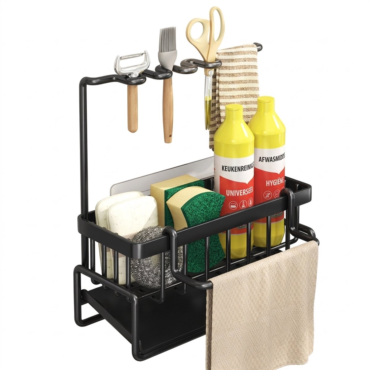 Hearyoo Gootsteen Organizer - Keuken Sponshouder met Uitneembare Lekbak - Zonder Boren - Zwart