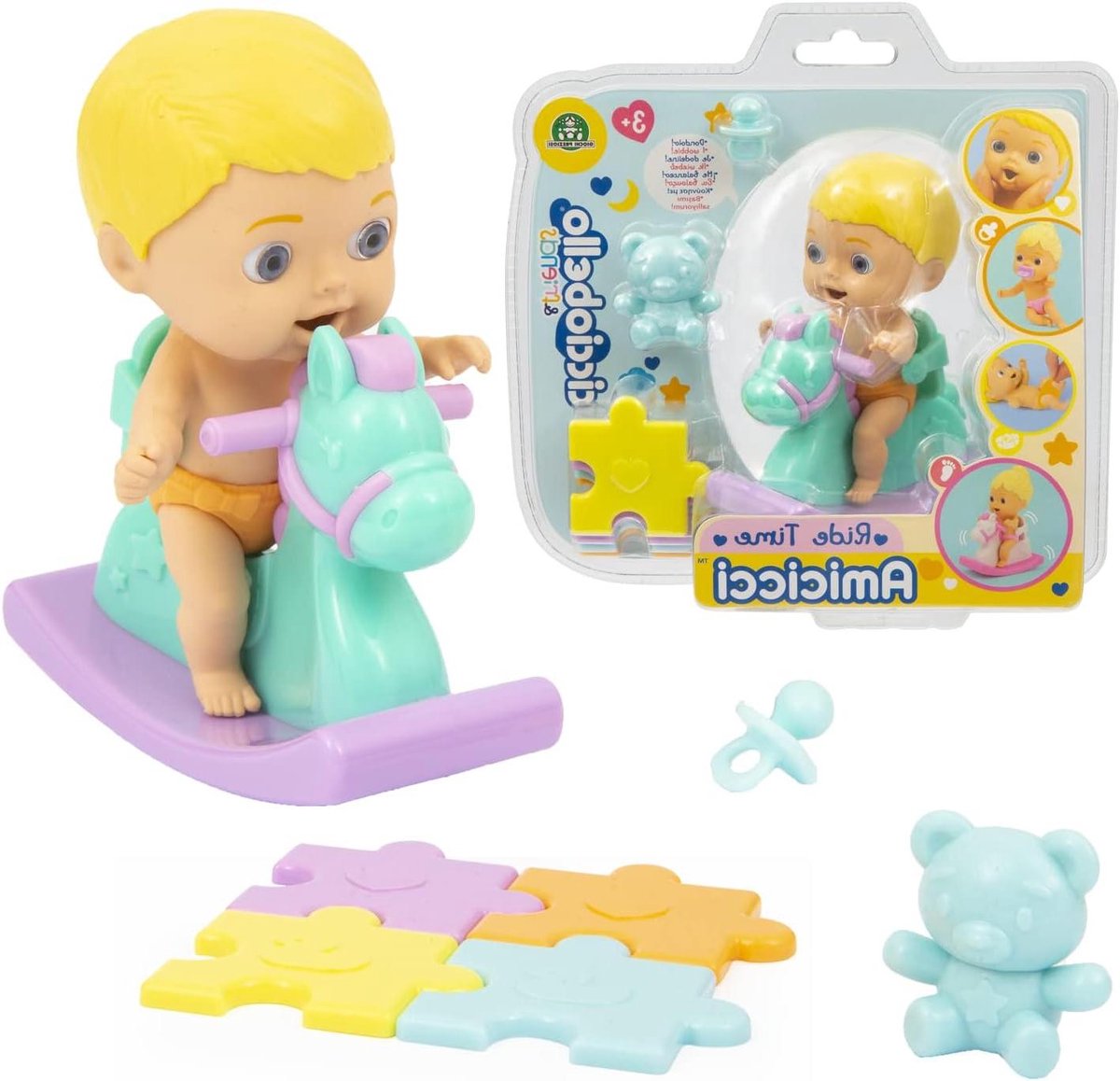 Baby met hobbelpaard - Zachte pop speelgoed baby - Rollenspel stimuleren - Maakt babygeluidjes - 220 Gram - Blond