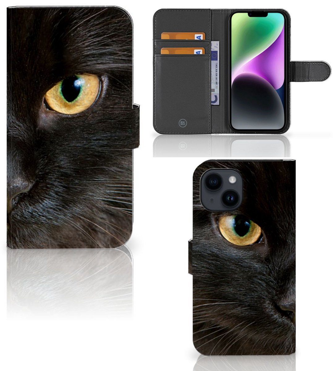 iPhone 15 Telefoonhoesje met Pasjes Zwarte Kat