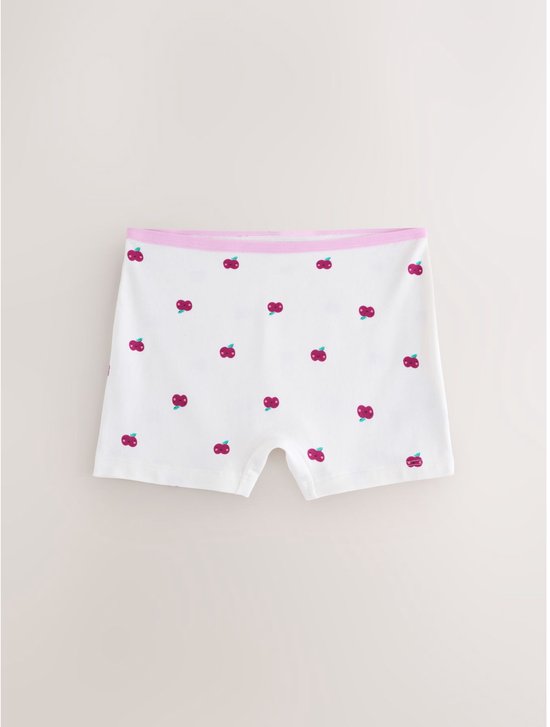Witte boxershorts met een all-over patroon van roze kersen en een roze boord.