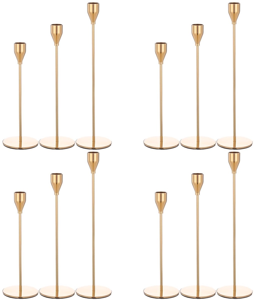 JHUBERS- Kandelaar Goud - Set van 12 - Taper Kaarsenhouders - Vintage Kandelaar - Decoratief - Hoogwaardig Metaal - 3 Maten - Kaarsenstandaard