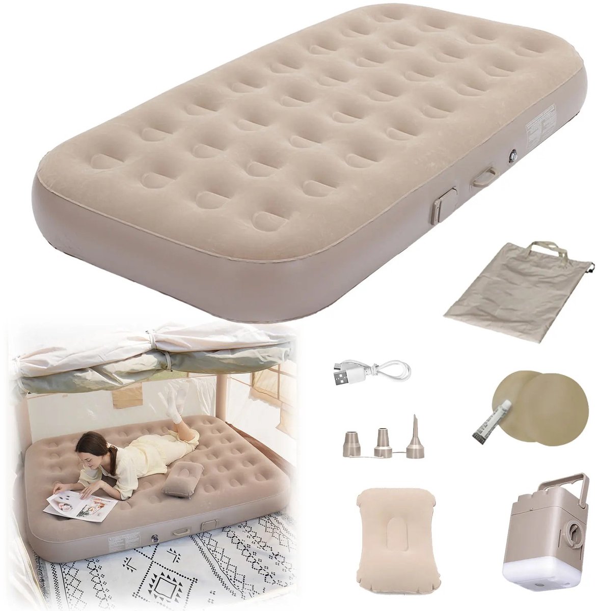 JHUBERS - Dailygoods Luchtbed met kussen Automatisch opblaasbaar kussen voor 1-2 personen 1m/1,5m One-touch opblaas- en leegloopfu