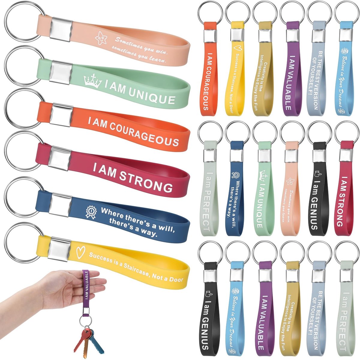 BRENZOOS- Sleutelhanger 24 Stuks Inspirerende Citaat - Siliconen/Rubberen Sleutelhangers - Meerkleurig - Voor Collega's/Leraren - Positieve Woorden - Kwaliteit van Leven - Sleutels