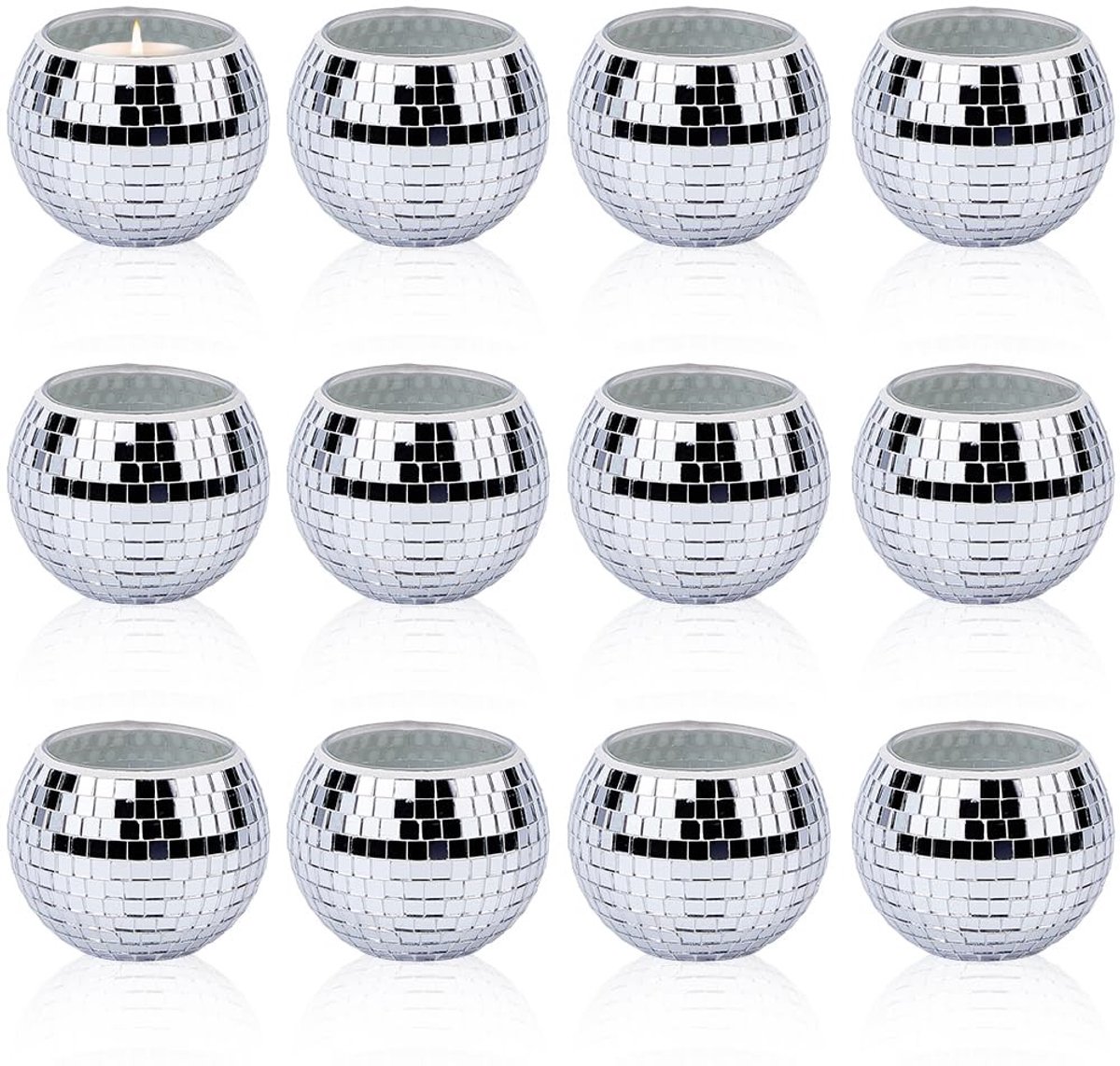 Dailygoods - 12 Stuks Disco Bal Kaars Houder - Zilver Glas Theelicht Set voor Party Decor